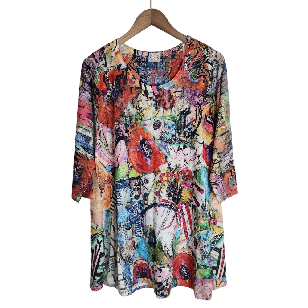 Et Lois Tunic Top Women's Small Art to Wear Artsy 3/4 Sleeve Multicolor‎